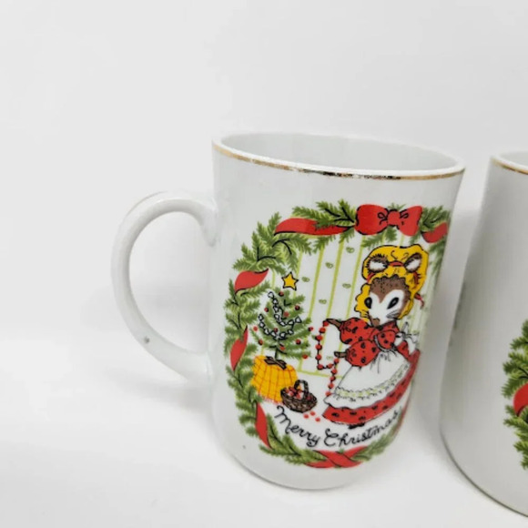 Vintage Pair Two George Good Merry Christmas Mouse Tea Cups Holiday Japan Mugs - Picture 7 of 7